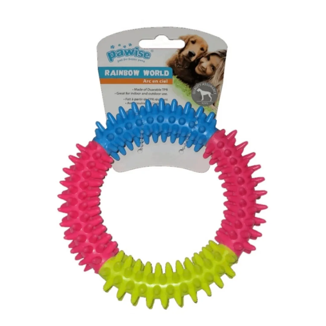 Brinquedo anel de quatro cores em borracha com picos, 12 cm