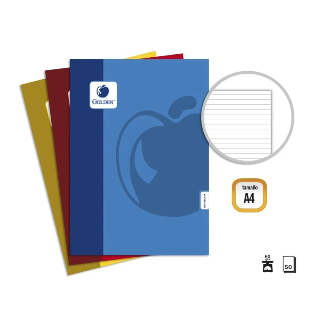 Caderno A4 agrafado Basic Golden, de linhas, 48 folhas