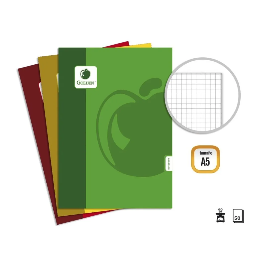 Caderno A5 agrafado Basic Golden, quadriculado, 50 folhas