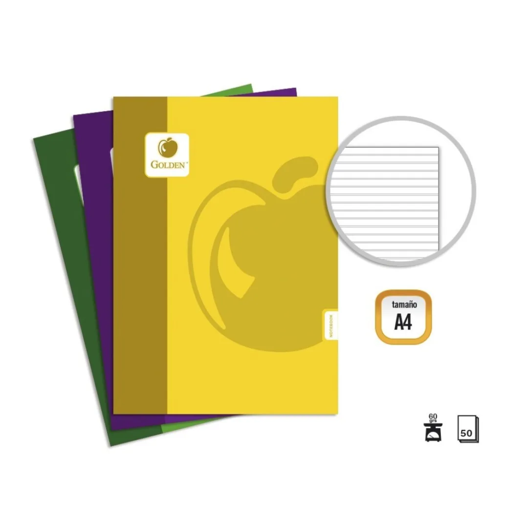 Caderno A4 agrafado Basic Golden, pautado, 50 folhas