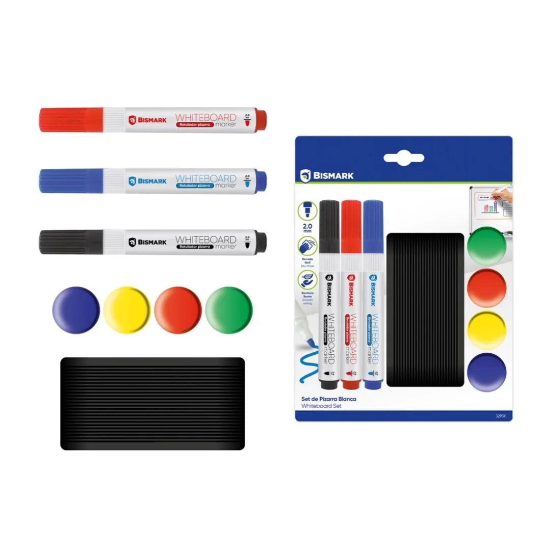 Conjunto de 3 marcadores de quadro branco, 4 ímanes e apagador