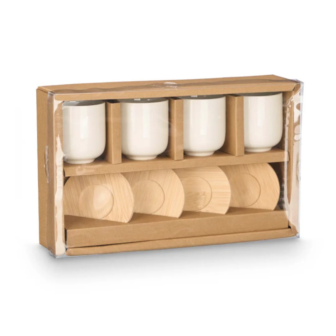 Conjunto de 4 copos de café em cerâmica branca com bases de bambu