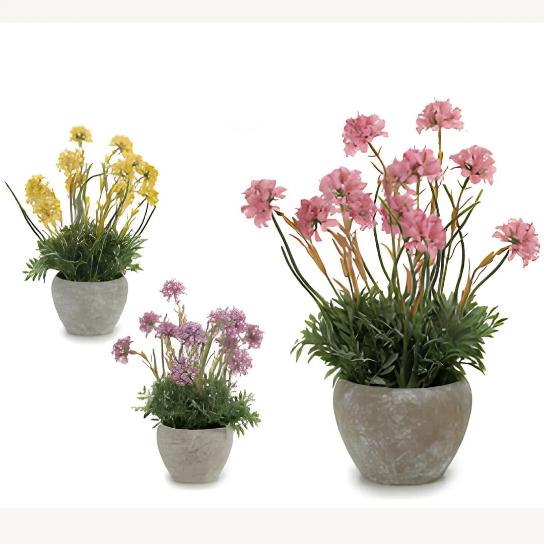Flor artificial com caules em vaso de cimento, modelos sortidos