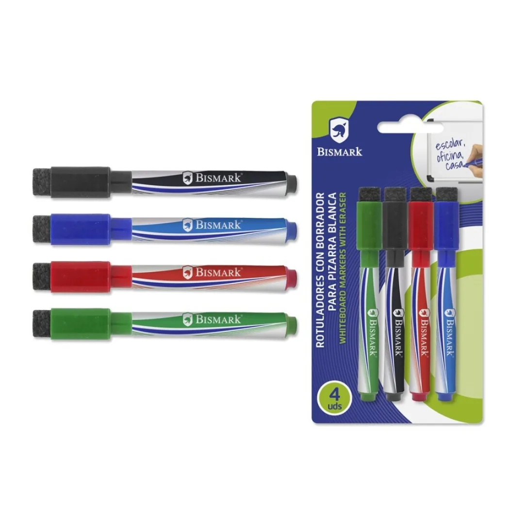 Marcadores de quadro branco com apagador, 4 cores