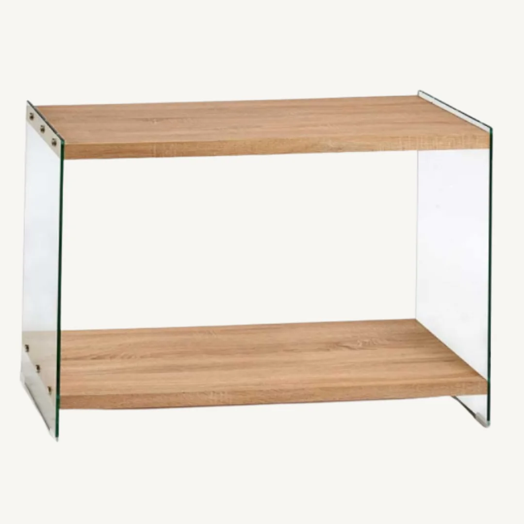 Mesa de duas camadas em vidro e madeira