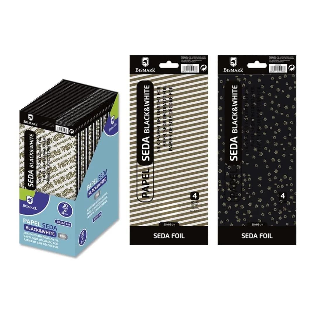 Papel de seda branco e preto com folha metálica, 4 folhas