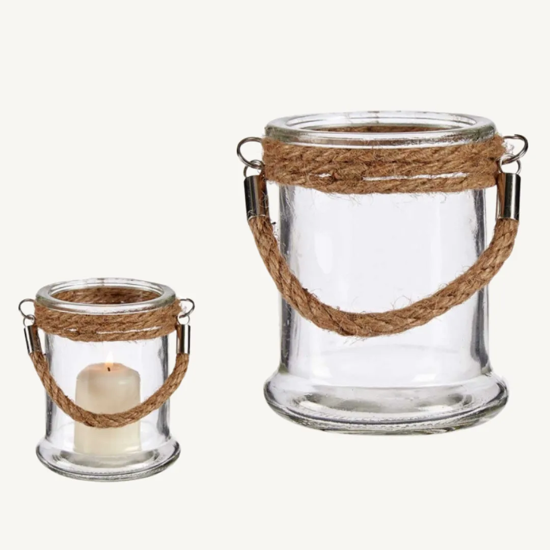Porta-velas de vidro com corda, pequeno