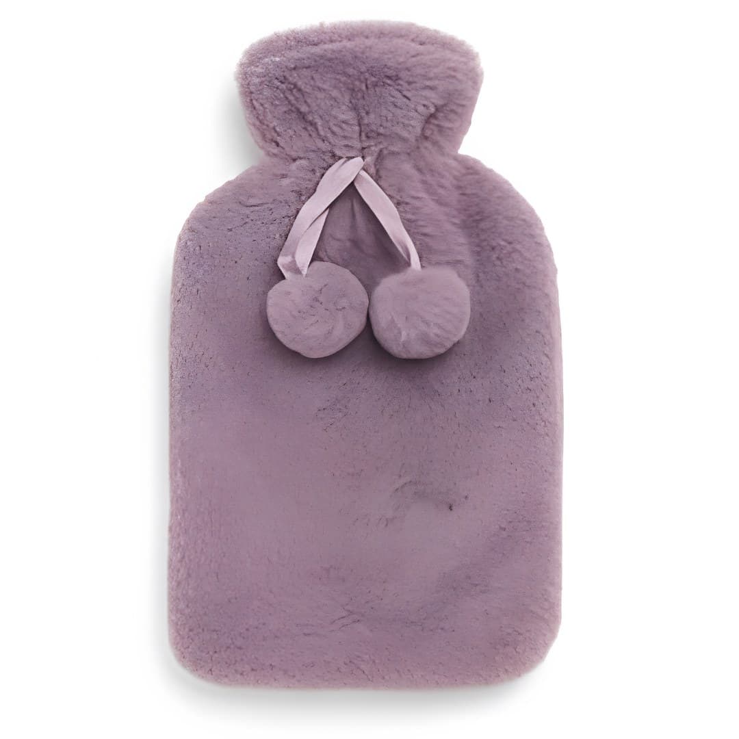 Saco de água quente com pelo e pompons, rosa velho