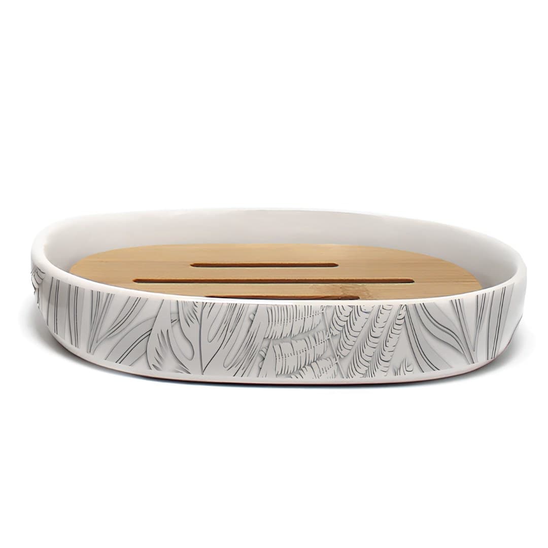 Saboneteira de cerâmica estampada e bambu, 12,3 x 8,3 x 2,3 cm