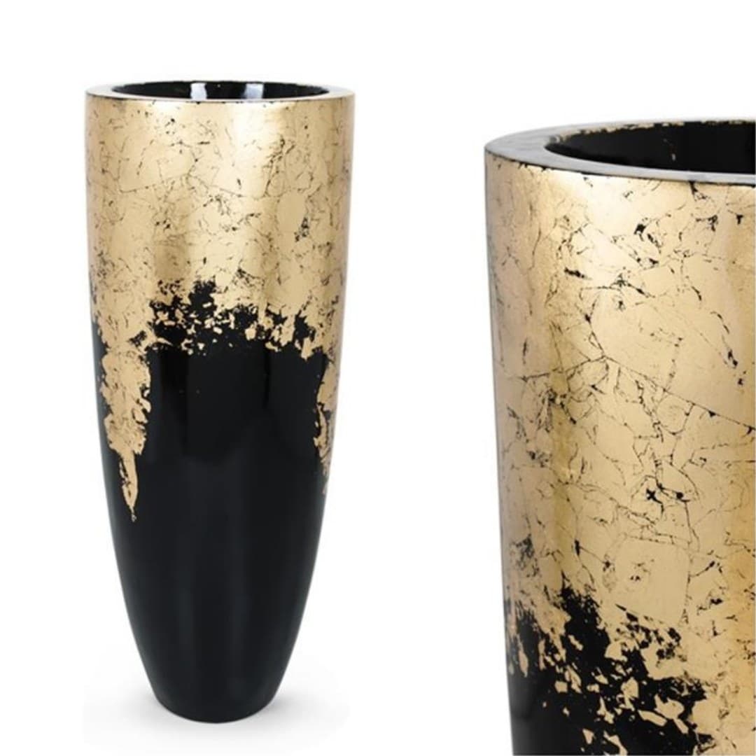 Vaso de resina preto e dourado, 35 x 35 x 75 cm