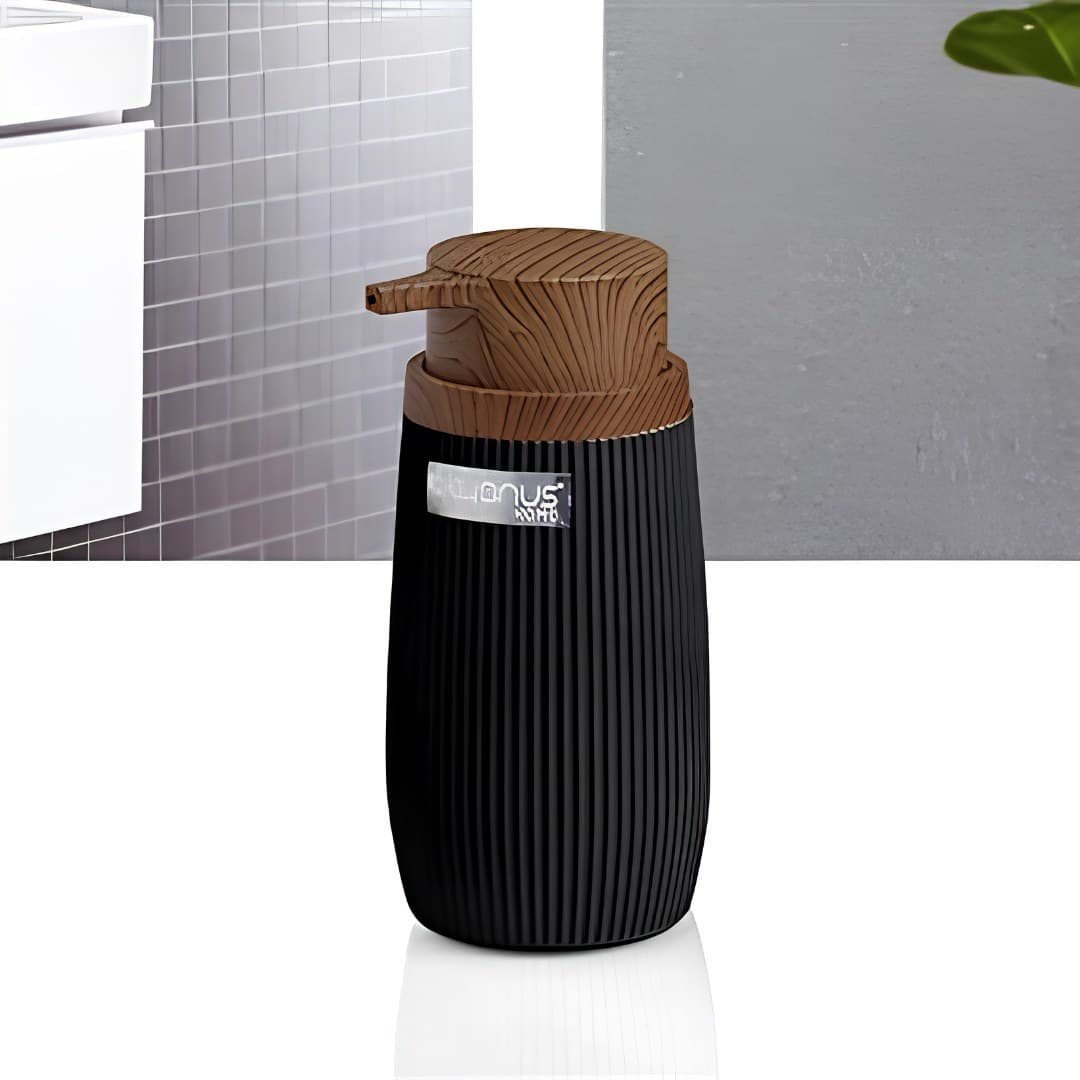 Dispensador de sabonete líquido, preto e madeira