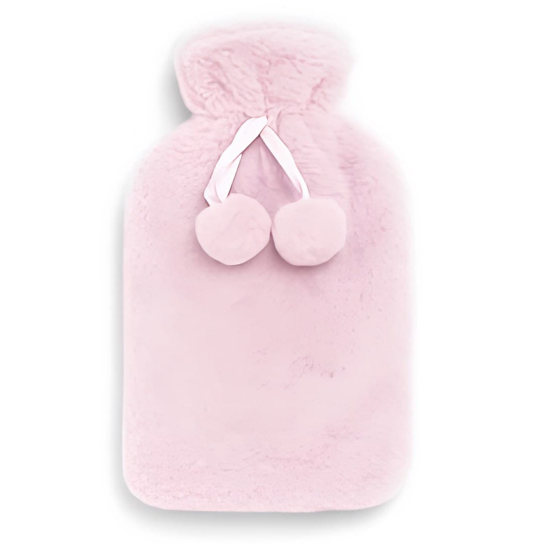 Saco de água quente com pelo, rosa claro, com pompons