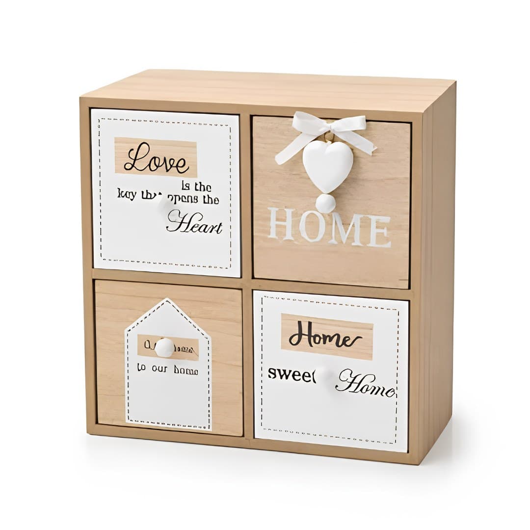 Caixa decorativa com 4 gavetas, madeira e branca, 22 x 22 x 9,7 cm