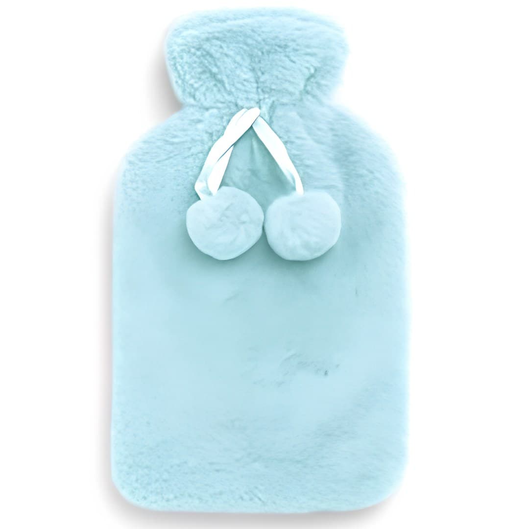 Saco de água quente com pelo, verde marinho, com pompons