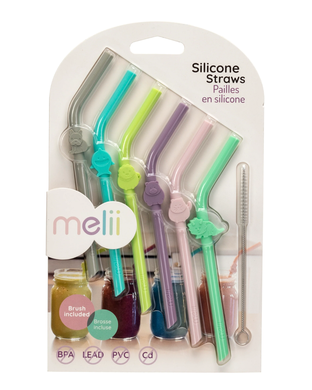 Set of 6 Silicone Straws – Animals + Cleaning Brush MLII