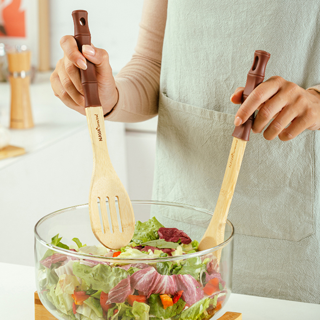 Silicone-coated bamboo spoon with silicone handle, 30.5 cm, natural colour.