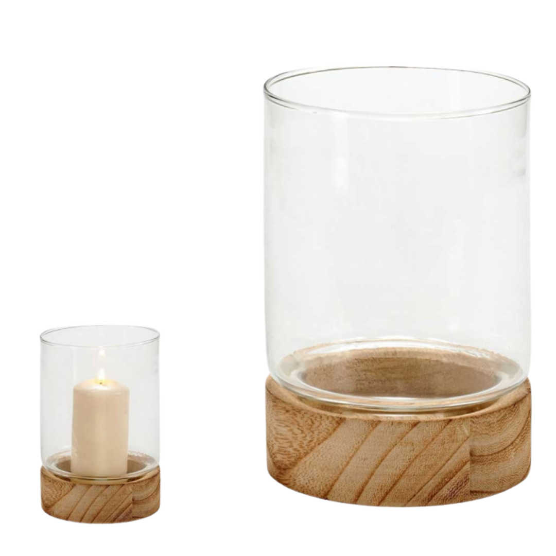 Glass Candle Holders with Wooden Base, Red, Med AR
