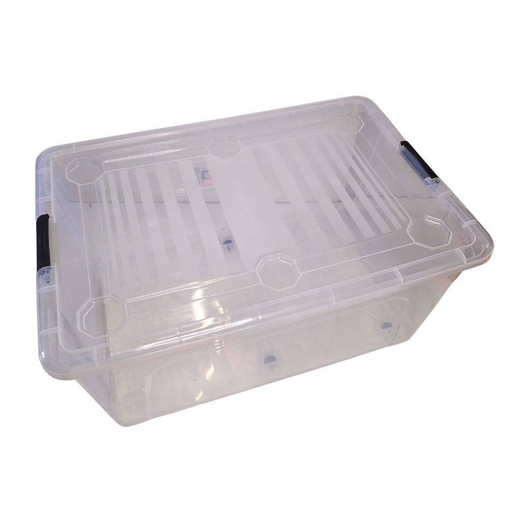 80-litre storage box with lid and wheels, as required