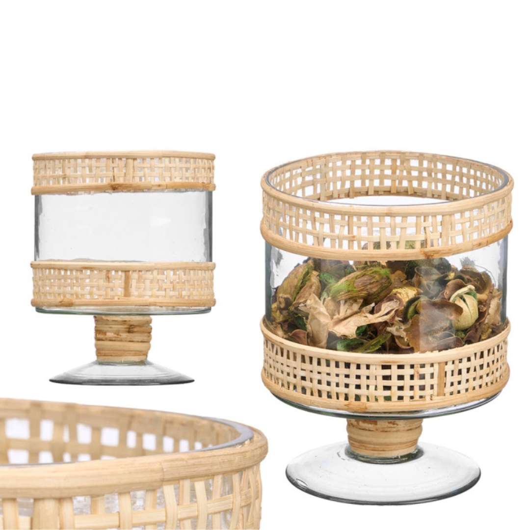 CYLINDRICAL GLASS AND RATTAN CANDLE HOLDER, SMALL AR