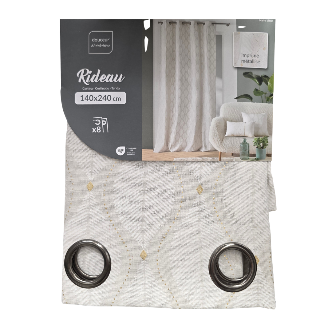 Curtain with eyelets, 140x240cm, white with leaf print, Maho Metal Poly Cotton U10