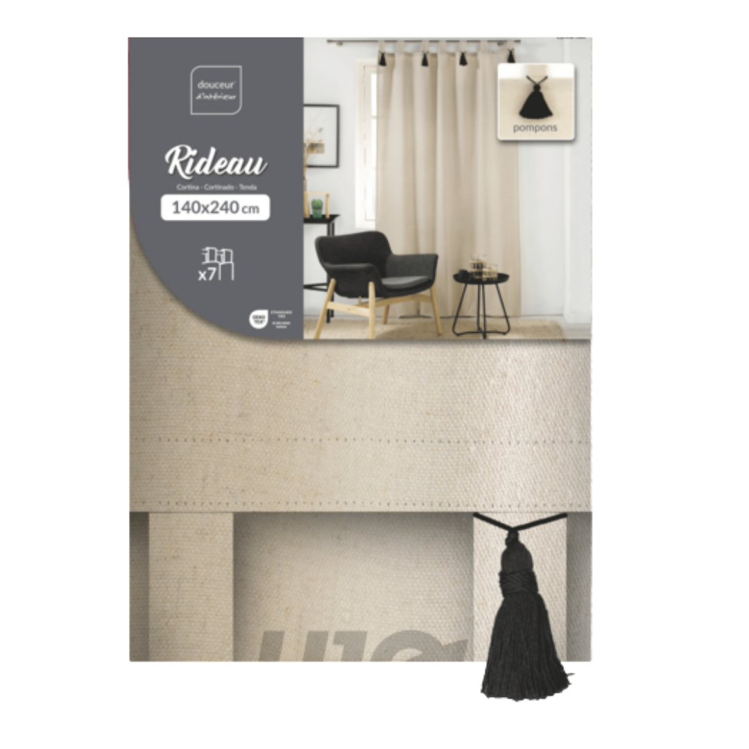 Cortina c/ Alças e Pompons Pretos 140x240cm Bege Cyrine Poli Algodão Liso U10