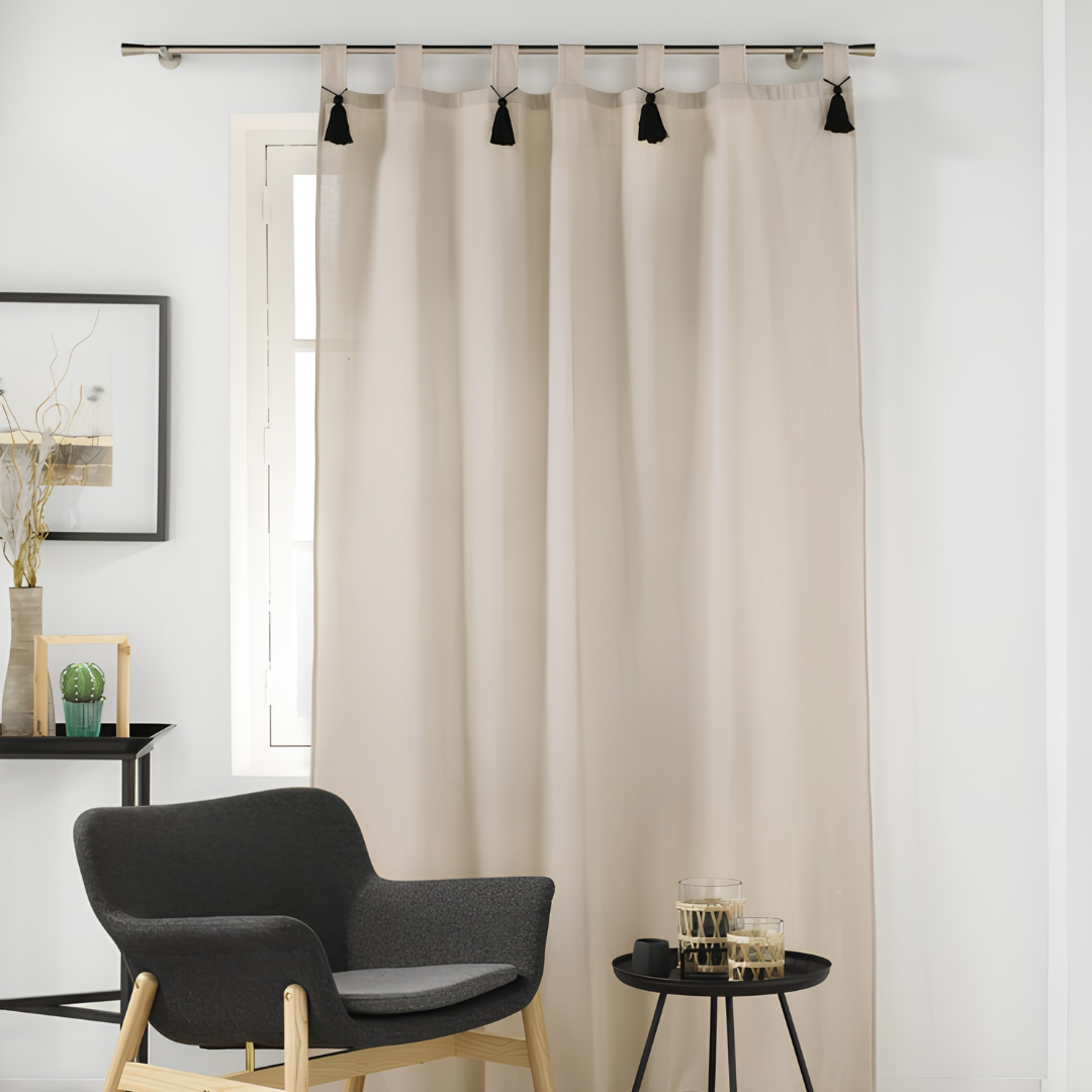 Curtain with Black Tassels and Loops, 140x240cm, Beige, Cyrine, Poly-cotton, Plain, U10
