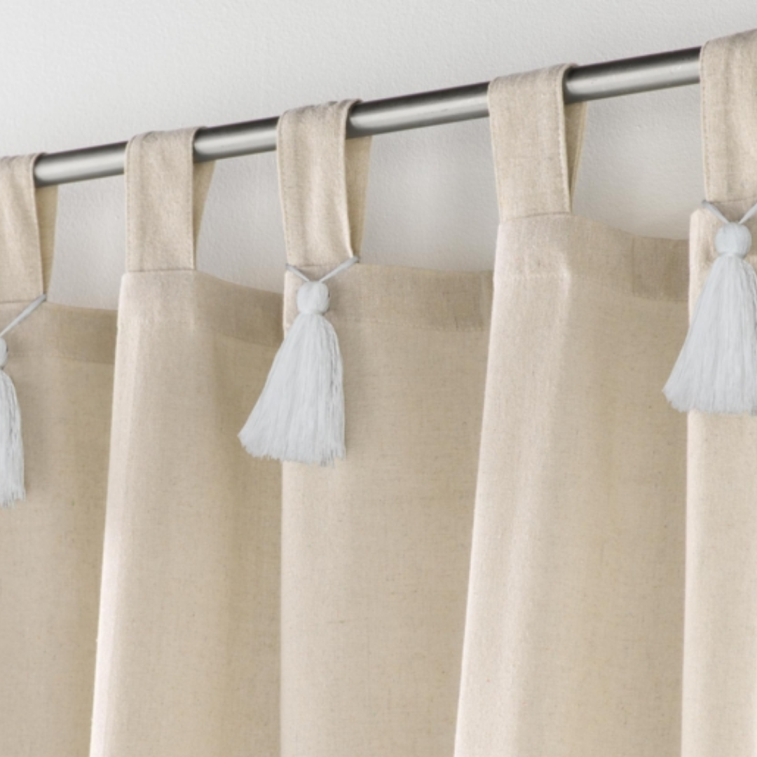 Curtain with loops and white pompoms, 140x240cm, beige, Cyrine, plain poly-cotton, U10
