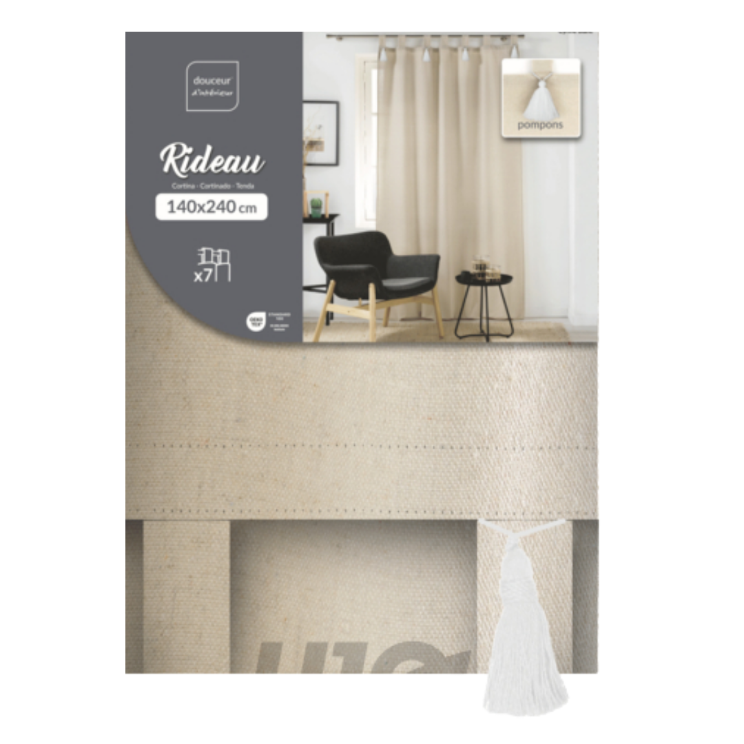 Cortina c/ Alças e Pompons Brancos 140x240cm Bege Cyrine Poli Algodão Liso U10