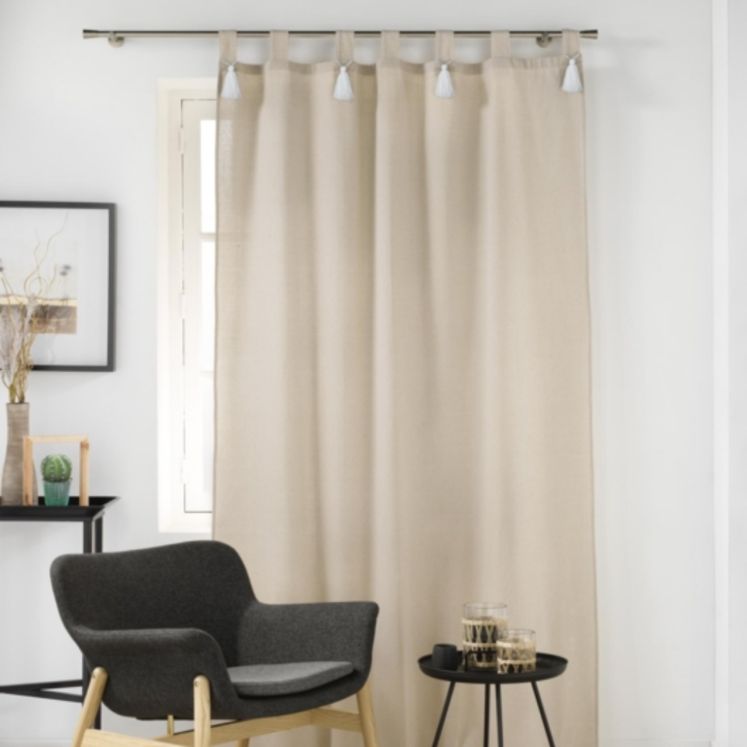 Curtain with loops and white pompoms, 140x240cm, beige, Cyrine, plain poly-cotton, U10