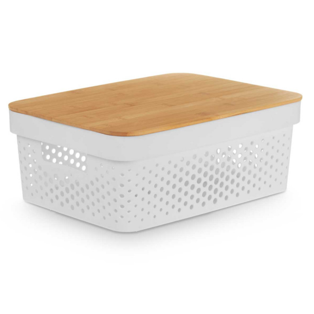 CAIXA MULTIUSOS TAMPA BAMBU MED BRANCA 14CM AR