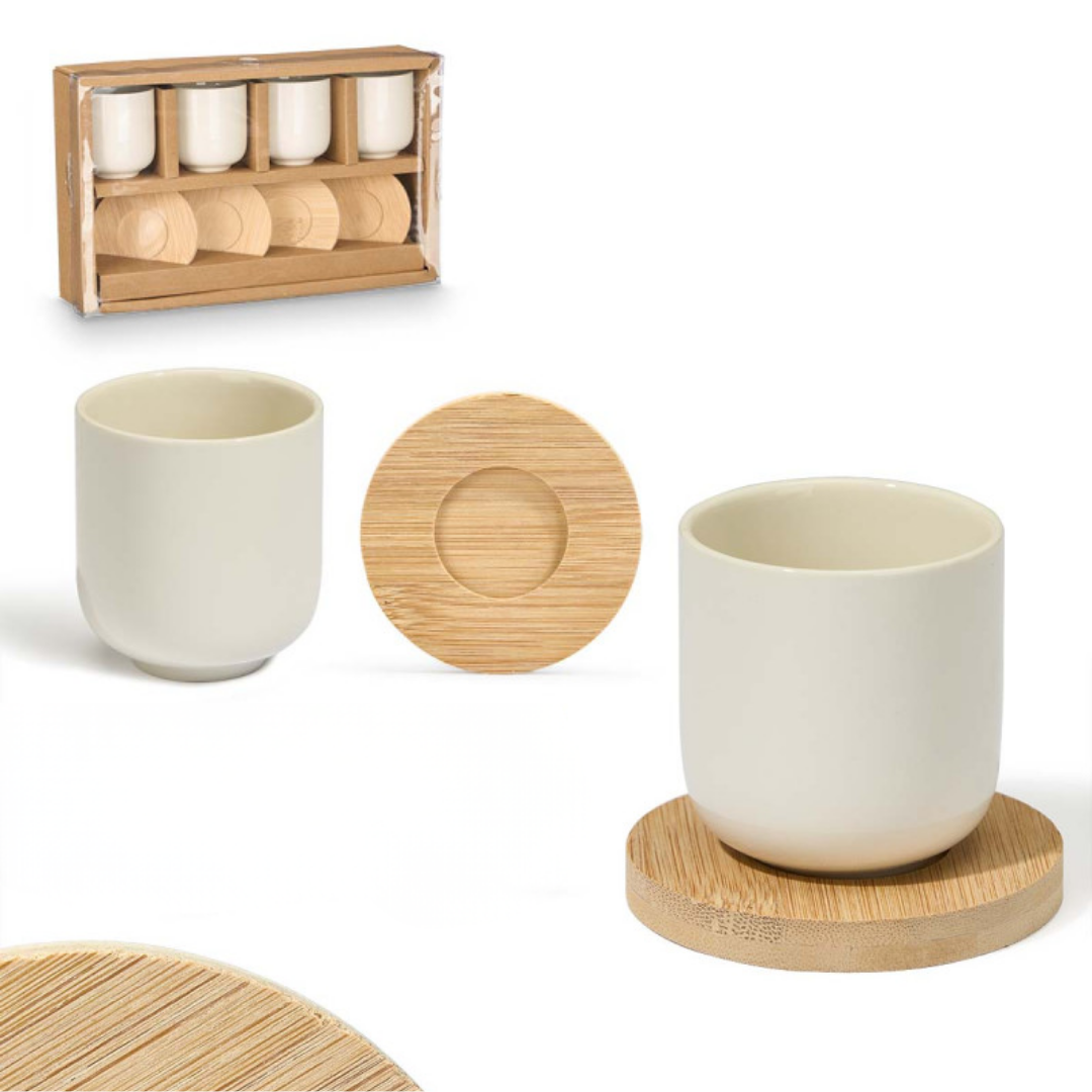 CONJ 4 COPOS CAFE CERÂMICA BRANCA COM BASES BAMBU AR