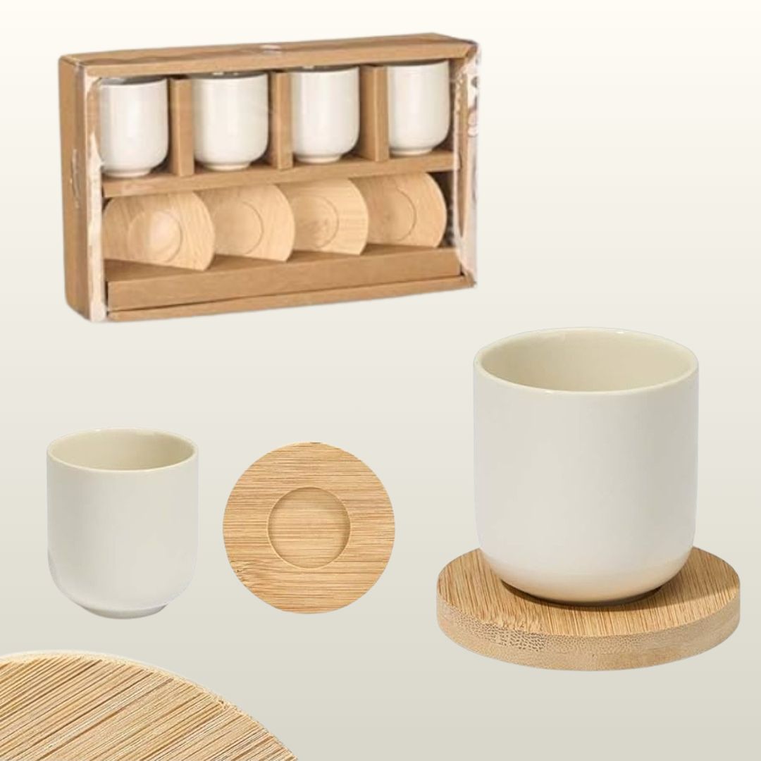 SET OF 4 BLACK CERAMIC COFFEE CUPS WITH BAMBOO BASE