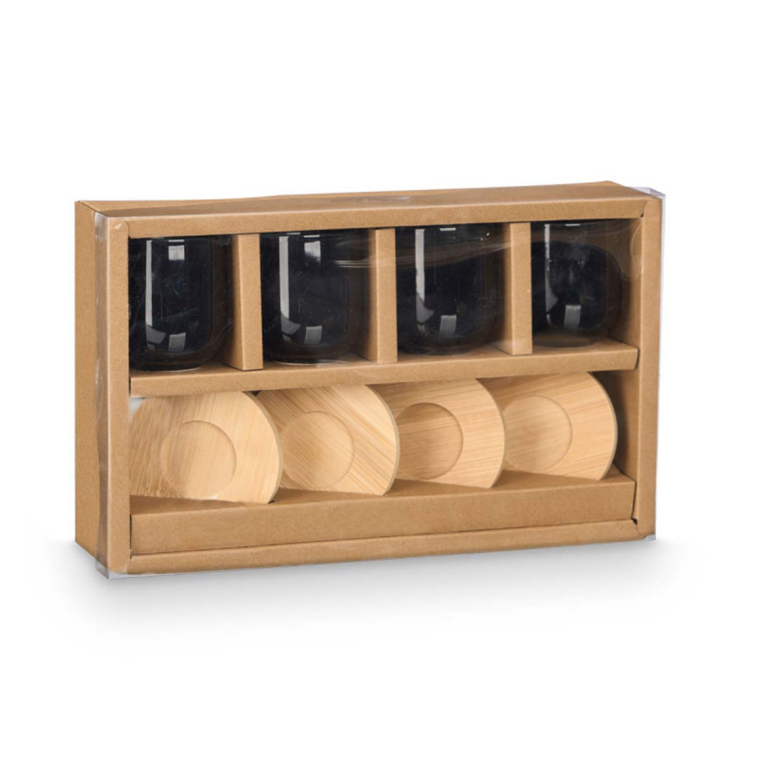CONJ 4 COPOS CAFE CERÂMICA PRETA COM BASES BAMBU AR