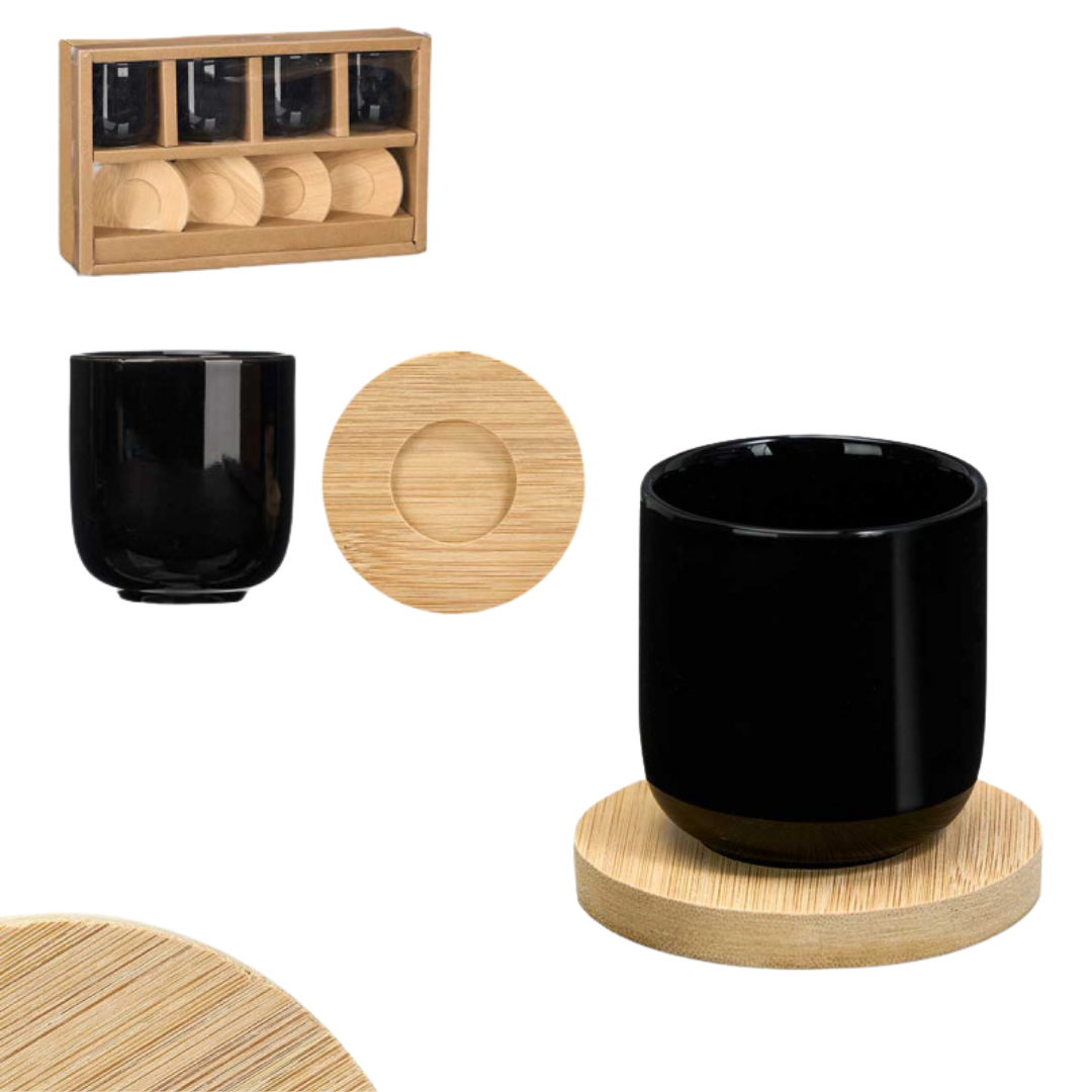 CONJ 4 COPOS CAFE CERÂMICA PRETA COM BASES BAMBU AR