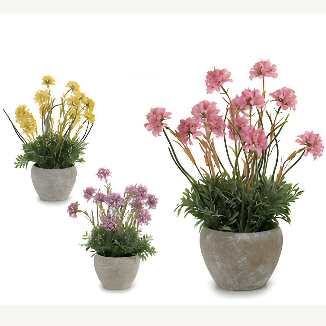 ARTIFICIAL FLOWERS WITH STEMS IN A CEMENT VASE, SORT AR