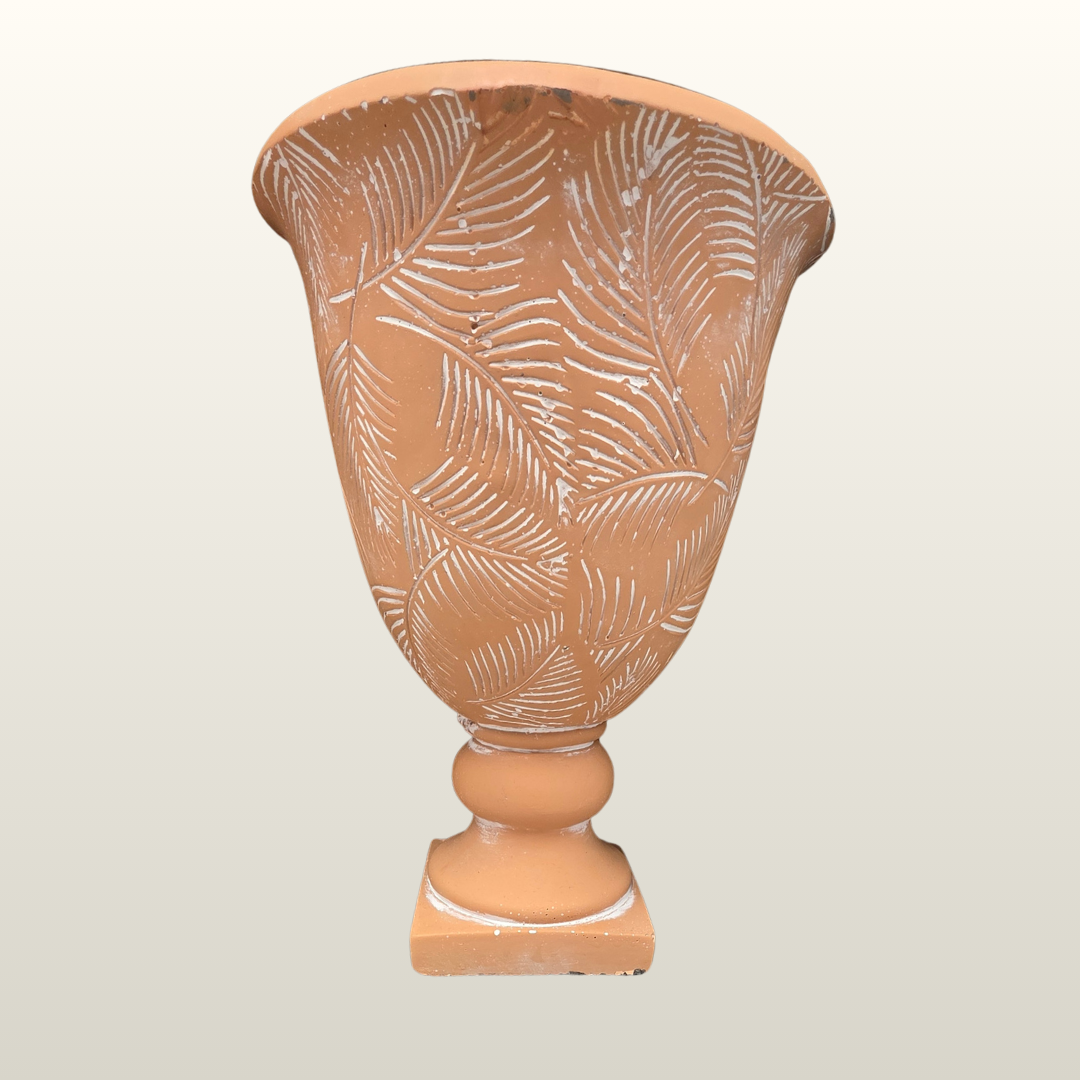 LARGE TERRACOTTA CUP-SHAPED VASE WITH LEAVES, 17X25 AR