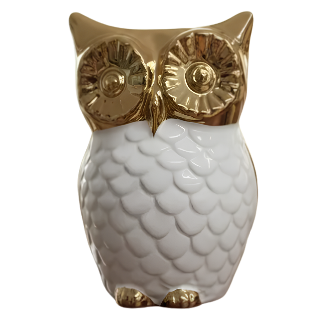 WHITE AND GOLD DECORATIVE OWL 9.5X9.5X14CM AB