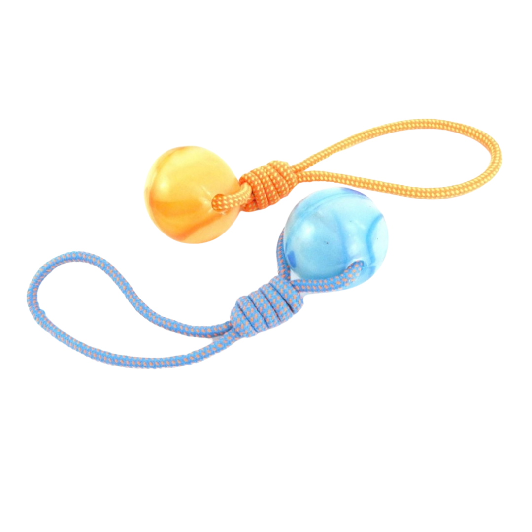 TWO-COLOUR FLUORESCENT BALL DOG TOY MADE FROM TPR + COTTON ROPE 9*40CM YMY