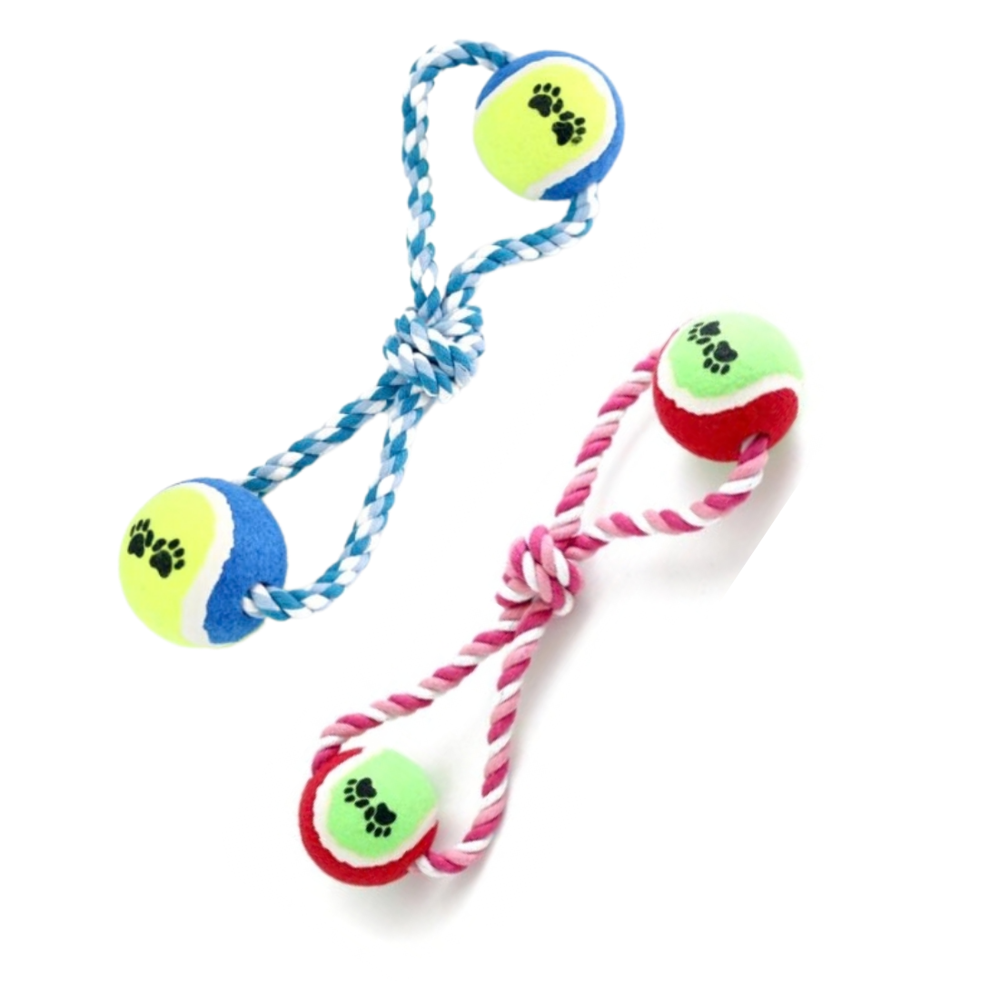 PET TOY – DOUBLE TENNIS BALL ON A ROPE WITH A KNOT, 38 CM, YMY