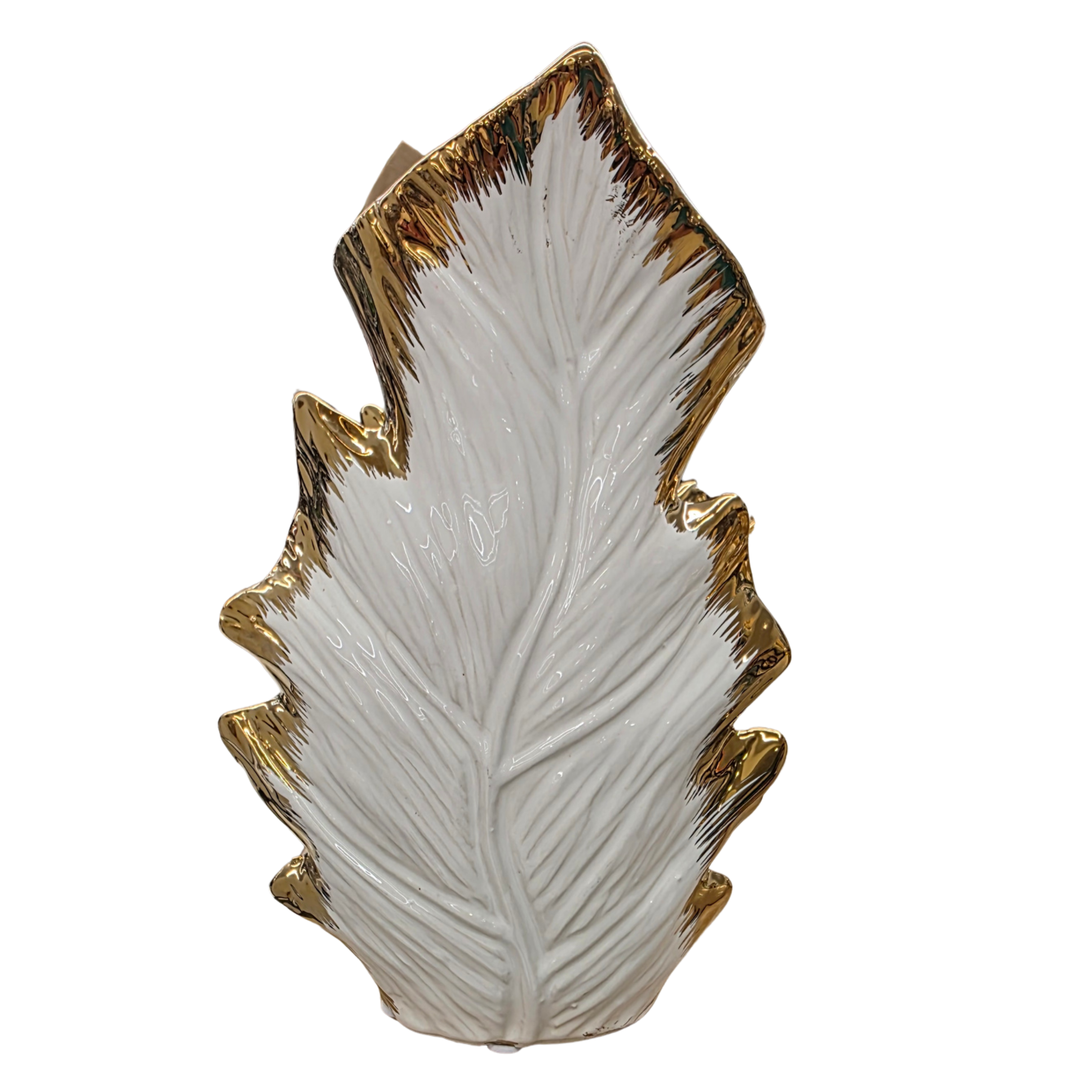 JARRA DECORATIVA PENA EM CERÂMICA BRANCA E DOURADO 24X16CM AB